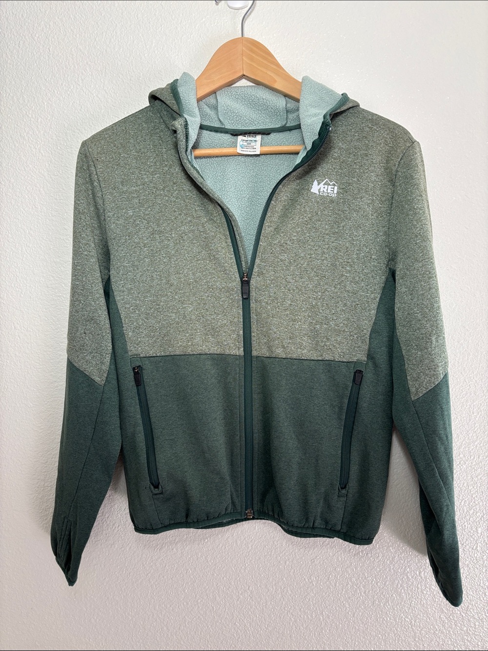 REI Youth Full Zip Hooded Jacket Size Large 14/16 Heather Green | outdoor | gorp
